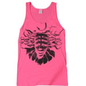 Neon Pink Graphic Tank Top with Black Shpongle music Mask Print unisex